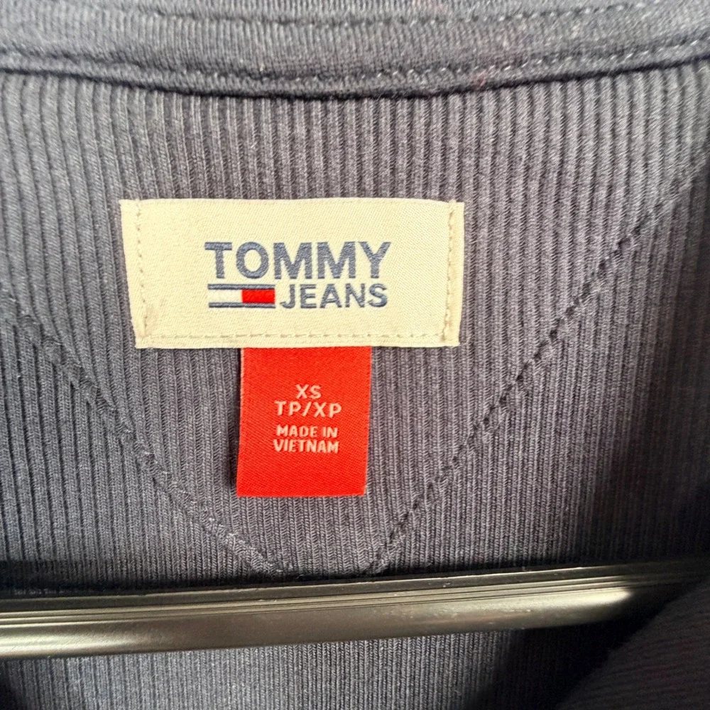 Tommy Jeans Womens Navy Blue Ribbed Cropped Polo Shirt XS Embroidered Logo